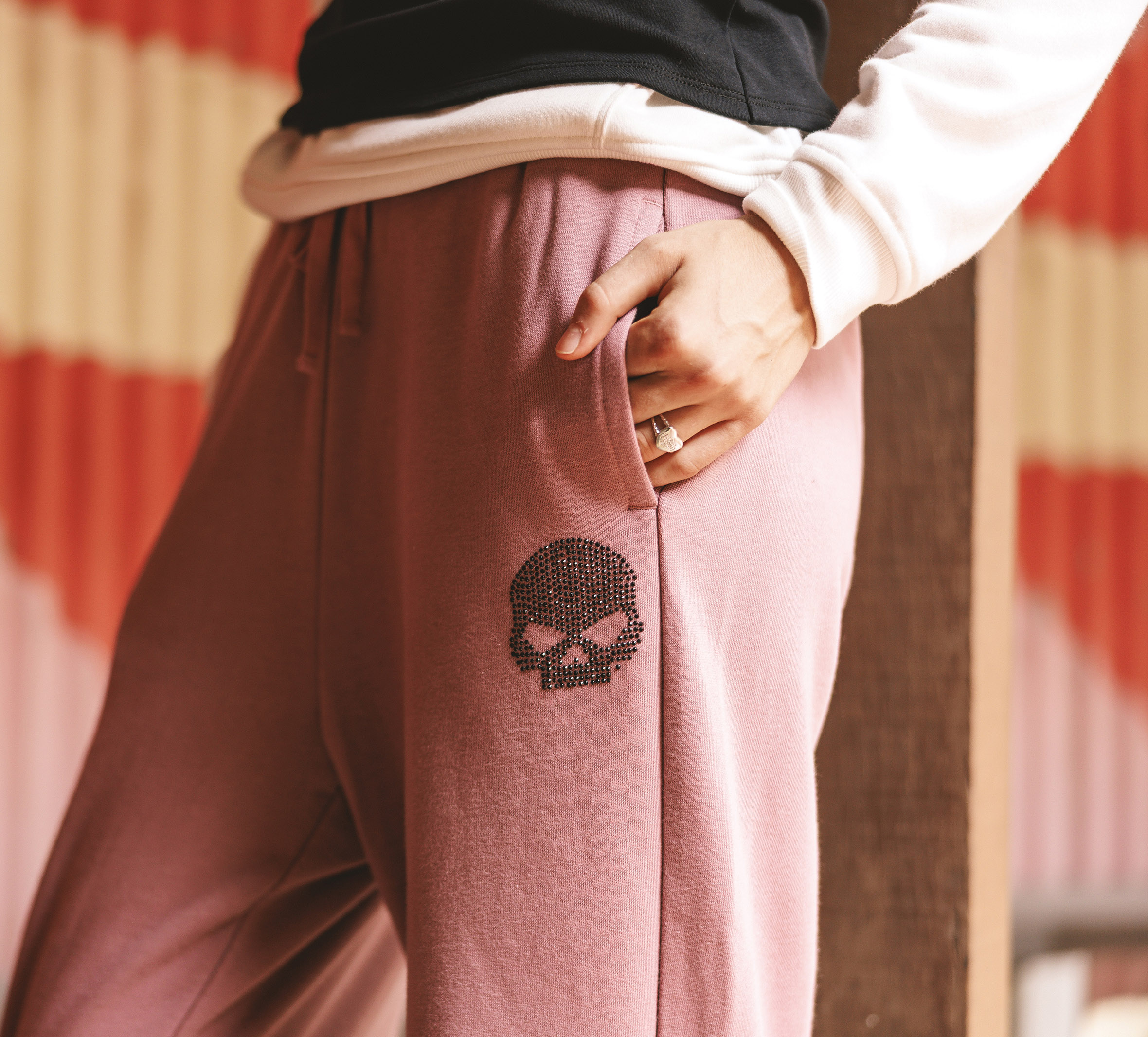 women wearing skull joggers